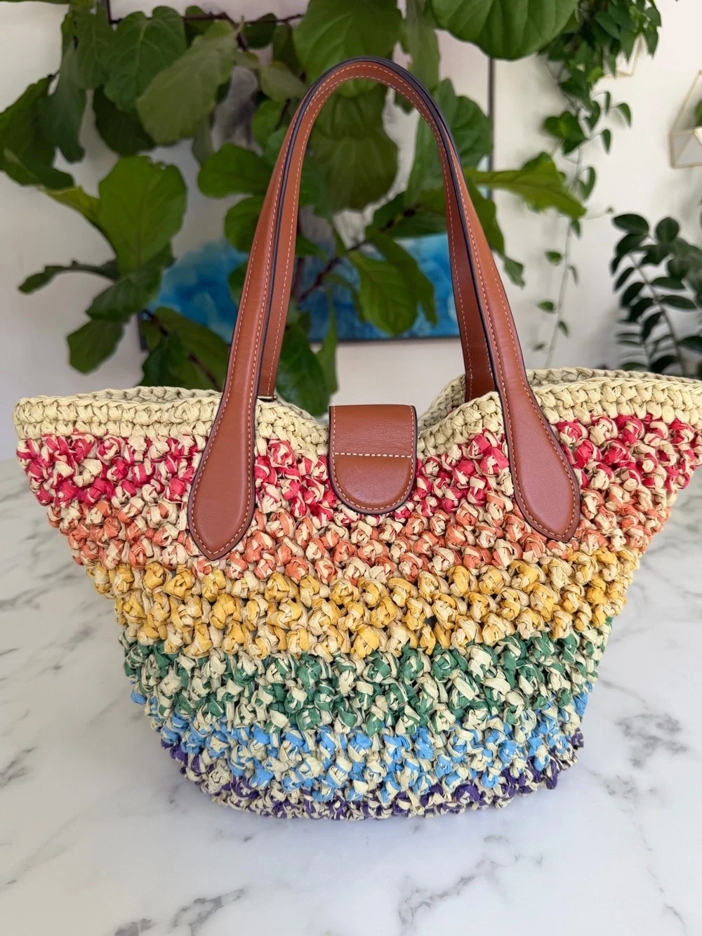 Coach Tabby Rainbow Stripe Straw Small Tote Shoulder Bag CJ641